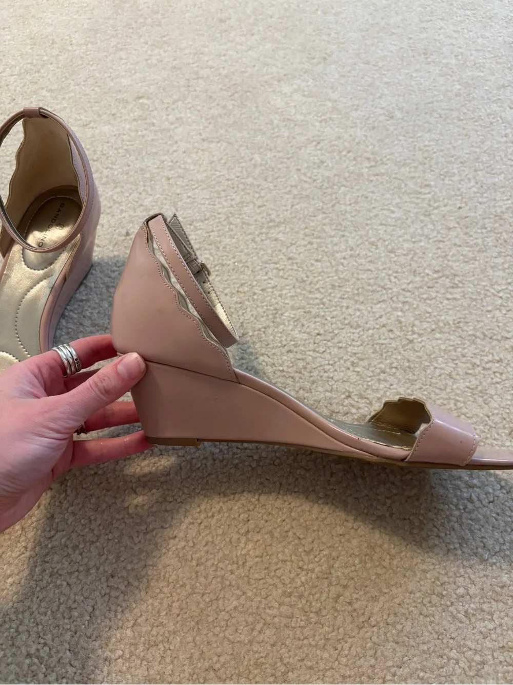 Bandolino Women's Pink Tan Scalloped Ankle Strap Wedge Sandals Size 9